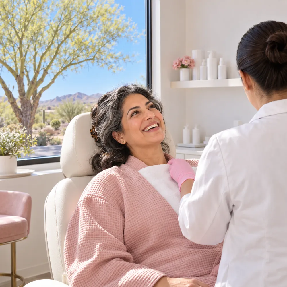 Editorial photo of a woman with dark wavy silver-streaked hair in a claw clip laughing in a treatment chair in bright desert light while a provider in a white coat, seen from behind, tucks a towel.