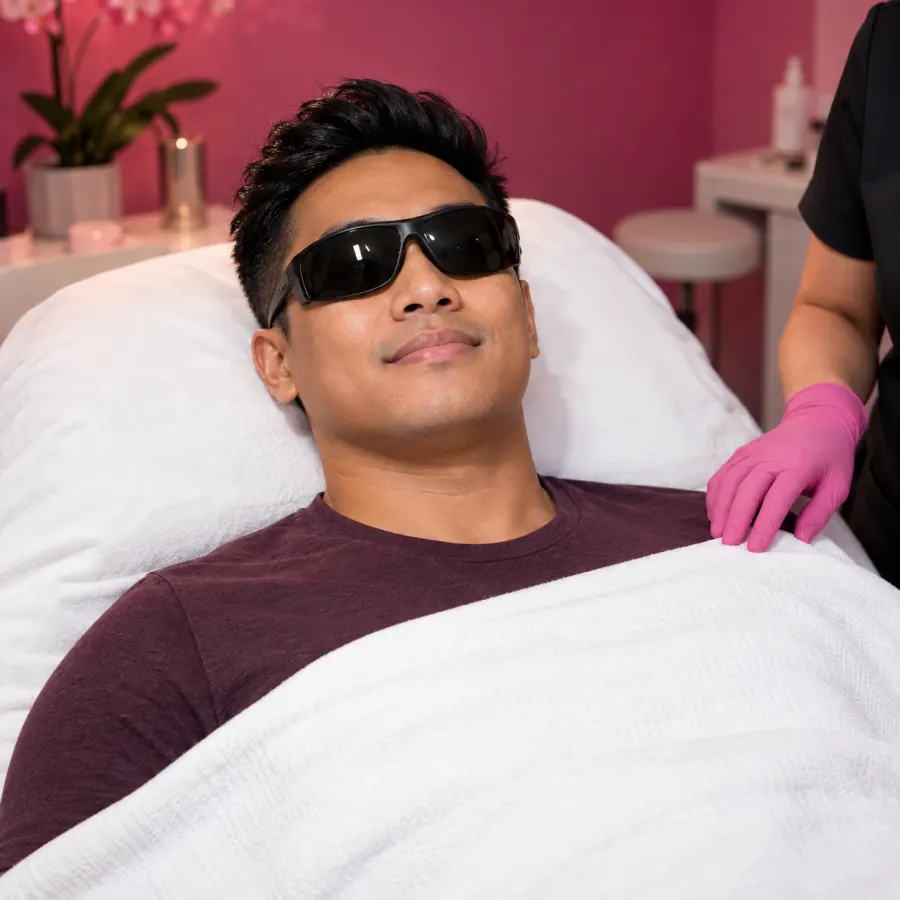 Editorial photo of a man reclining on a white treatment table in clinical glasses and a navy tee, a pink-gloved hand adjusting the towel.