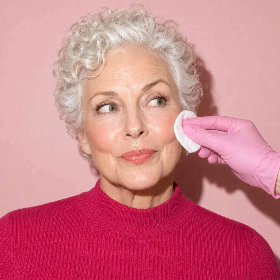 Editorial photo of a white woman with short curly white hair and a raspberry mock-neck against a blush wall as a pink-gloved hand presses a cotton pad to her cheek.
